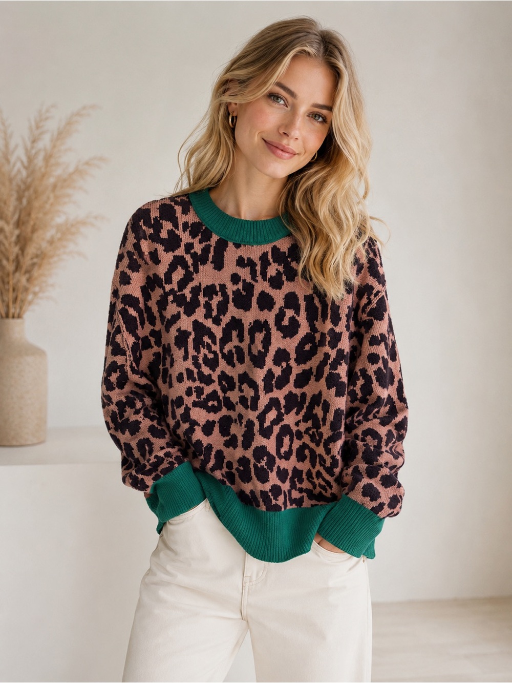 aerie Leopard Print Scoop Neck Sweater with Green Trim